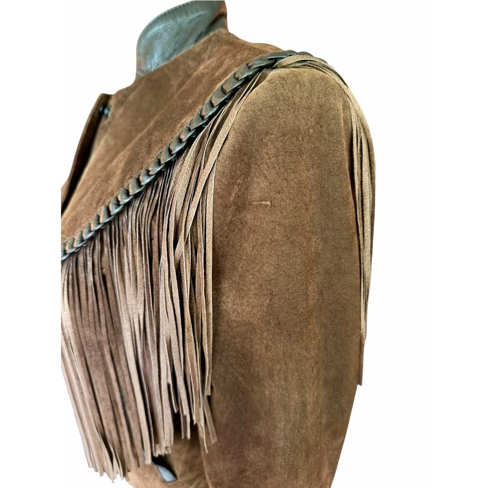 Cache Brown Suede Leather Fringe Western Crop Jacket Concho Buttons Vintage - Picture 10 of 13